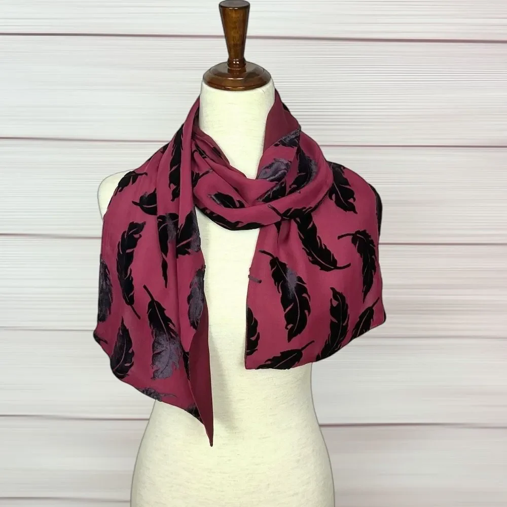 Elaine Gold Lined Scarf Rayon Silk Blend Burnout Velvet Burgundy Black Feathers